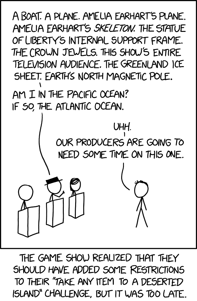 Eventually they agreed to "an auto-retracting dog leash with one end clipped to your house, so you can press the button on the handle and water-ski home."