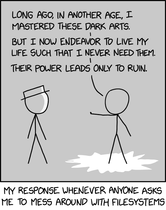 You think, 'okay, THIS is an ideal use case for hardlinks!' but then 6 months later you're doing some extremely cursed Google search like 'javascript ext4' and wondering where things went wrong.